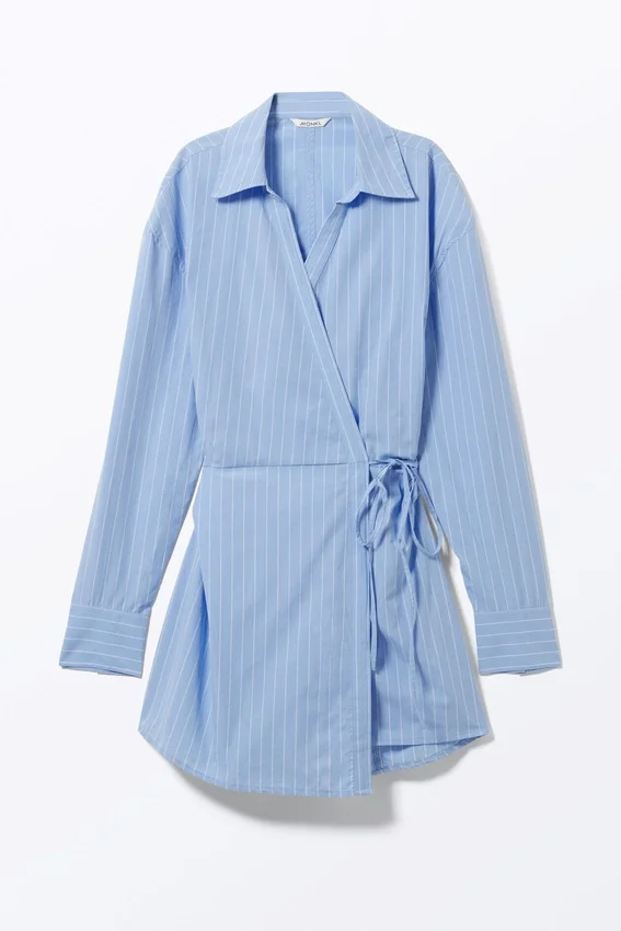 Long-Sleeved Mini Wrap Shirt Dress – Light Blue Pinstripe Long-Sleeved Mini Wrap Shirt Dress – Light Blue Pinstripe