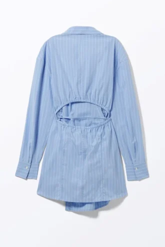Long-Sleeved Mini Wrap Shirt Dress – Light Blue Pinstripe