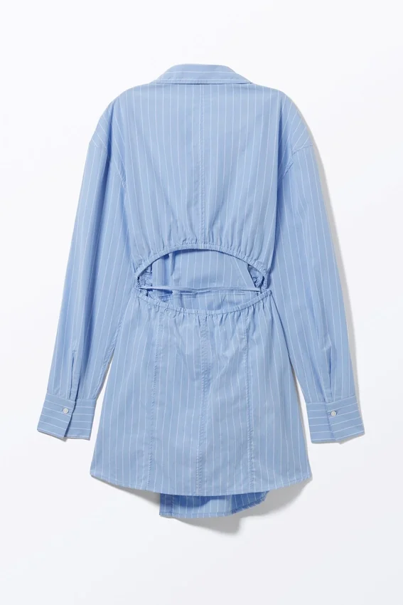 Long-Sleeved Mini Wrap Shirt Dress – Light Blue Pinstripe Long-Sleeved Mini Wrap Shirt Dress – Light Blue Pinstripe