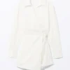 Long-Sleeved Mini Wrap Shirt Dress – White Long-Sleeved Mini Wrap Shirt Dress – White