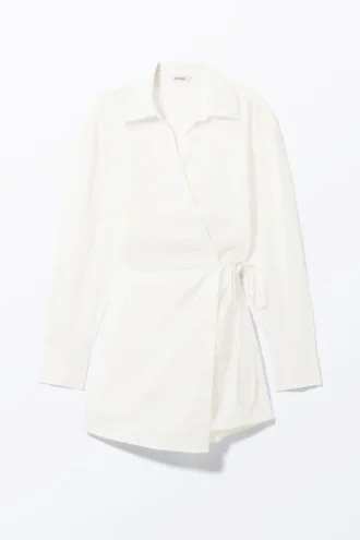 Long-Sleeved Mini Wrap Shirt Dress – White