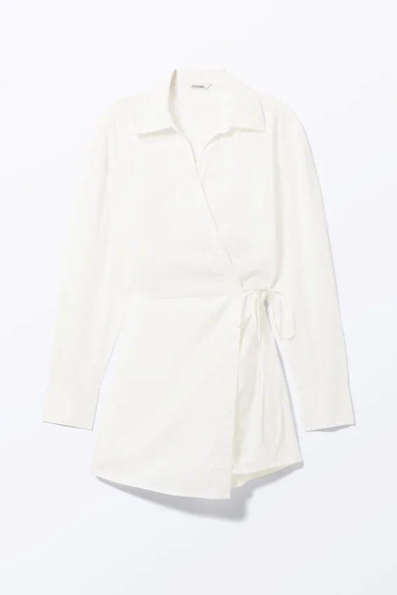 Long-Sleeved Mini Wrap Shirt Dress – White Long-Sleeved Mini Wrap Shirt Dress – White