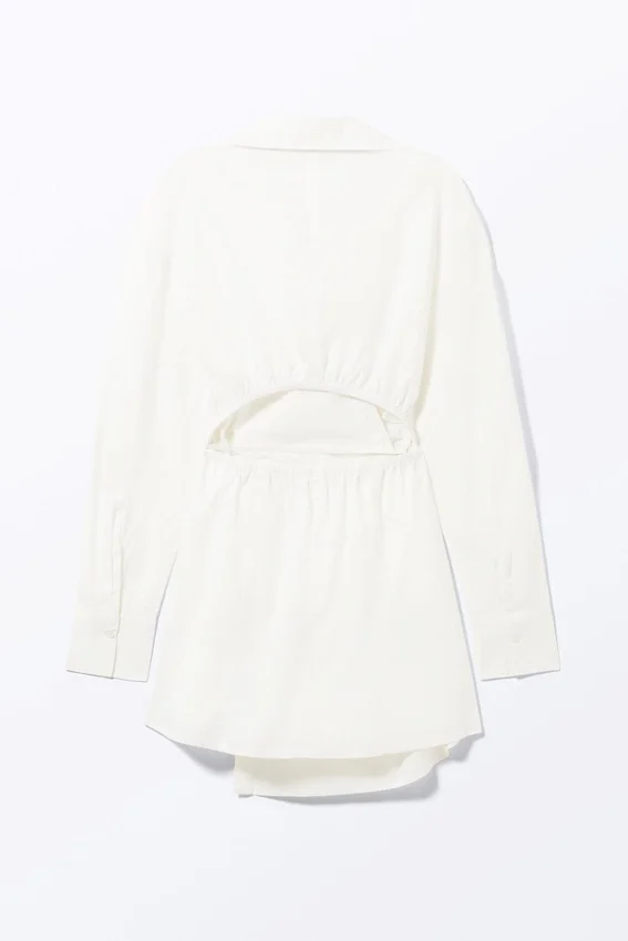Long-Sleeved Mini Wrap Shirt Dress – White Long-Sleeved Mini Wrap Shirt Dress – White