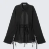 Long-Sleeved Open Back Tie Shirt – Black Long-Sleeved Open Back Tie Shirt – Black