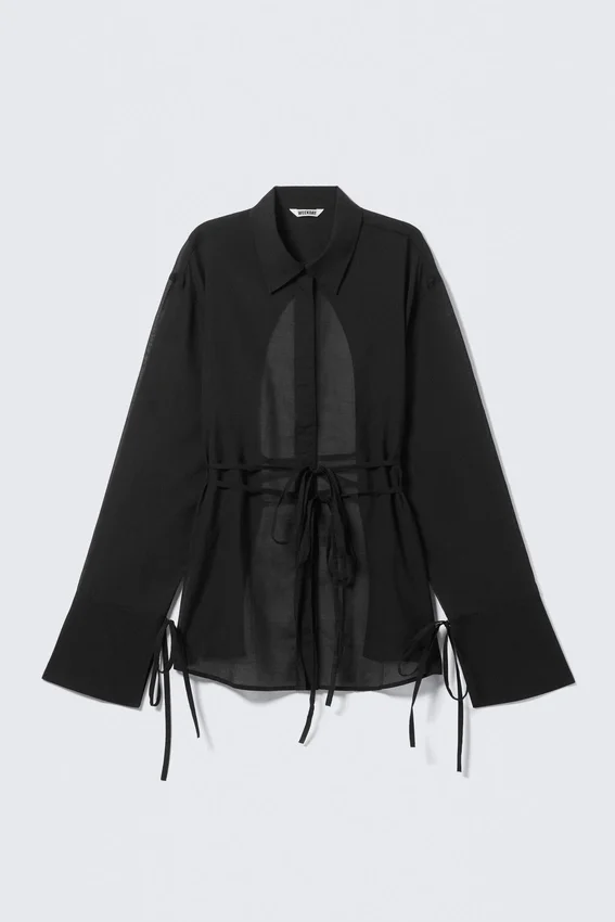 Long-Sleeved Open Back Tie Shirt – Black Long-Sleeved Open Back Tie Shirt – Black