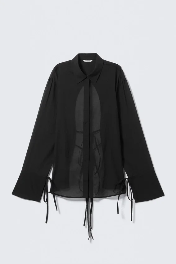 Long-Sleeved Open Back Tie Shirt – Black Long-Sleeved Open Back Tie Shirt – Black
