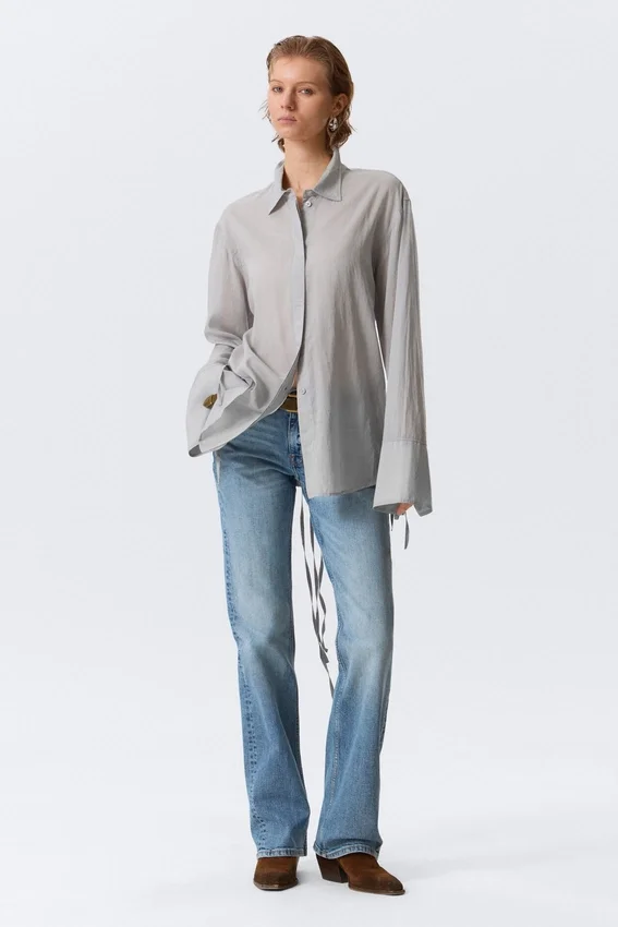 Long-Sleeved Open Back Tie Shirt – Dusty Grey Long-Sleeved Open Back Tie Shirt – Dusty Grey