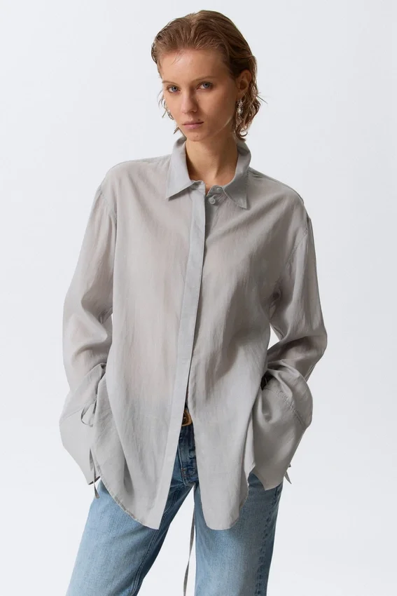 Long-Sleeved Open Back Tie Shirt – Dusty Grey Long-Sleeved Open Back Tie Shirt – Dusty Grey