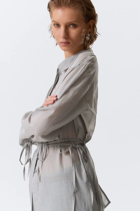 Long-Sleeved Open Back Tie Shirt – Dusty Grey Long-Sleeved Open Back Tie Shirt – Dusty Grey