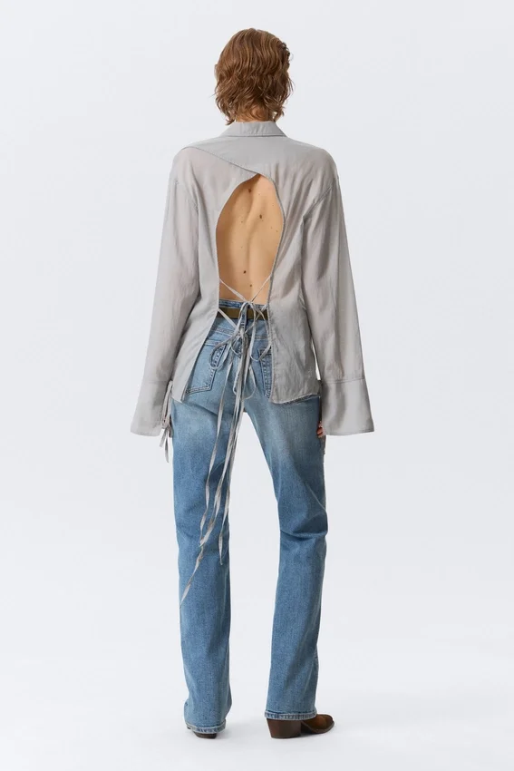 Long-Sleeved Open Back Tie Shirt – Dusty Grey Long-Sleeved Open Back Tie Shirt – Dusty Grey