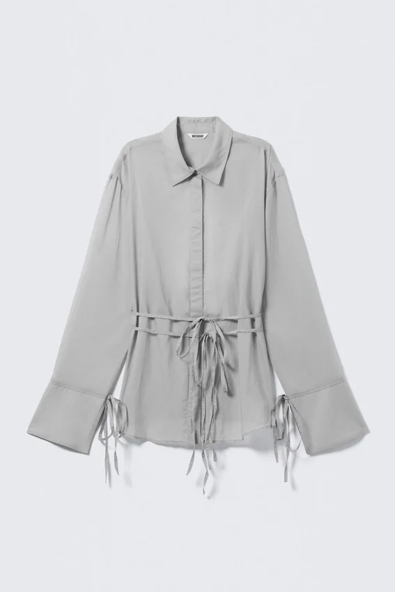 Long-Sleeved Open Back Tie Shirt – Dusty Grey Long-Sleeved Open Back Tie Shirt – Dusty Grey