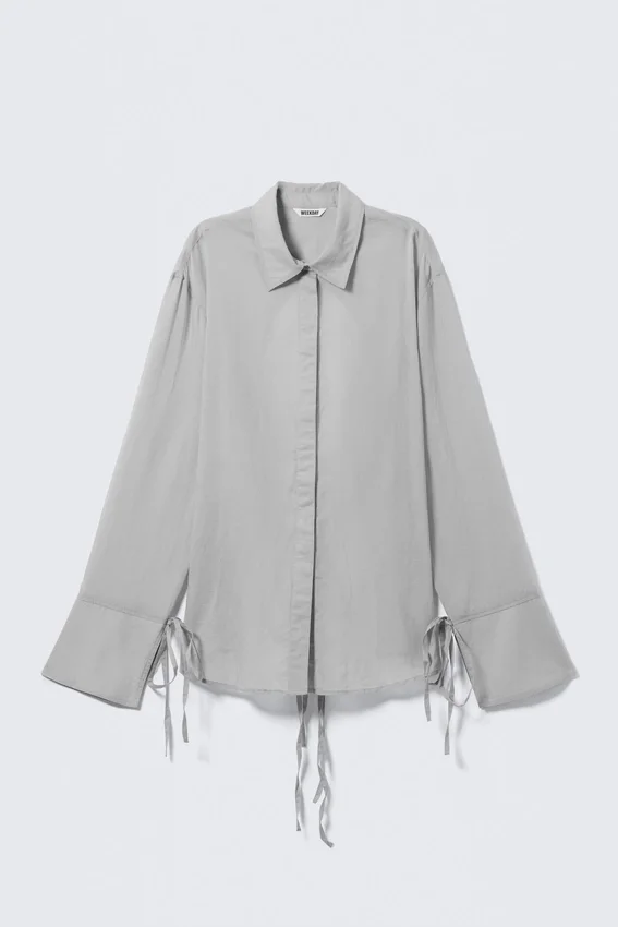 Long-Sleeved Open Back Tie Shirt – Dusty Grey Long-Sleeved Open Back Tie Shirt – Dusty Grey