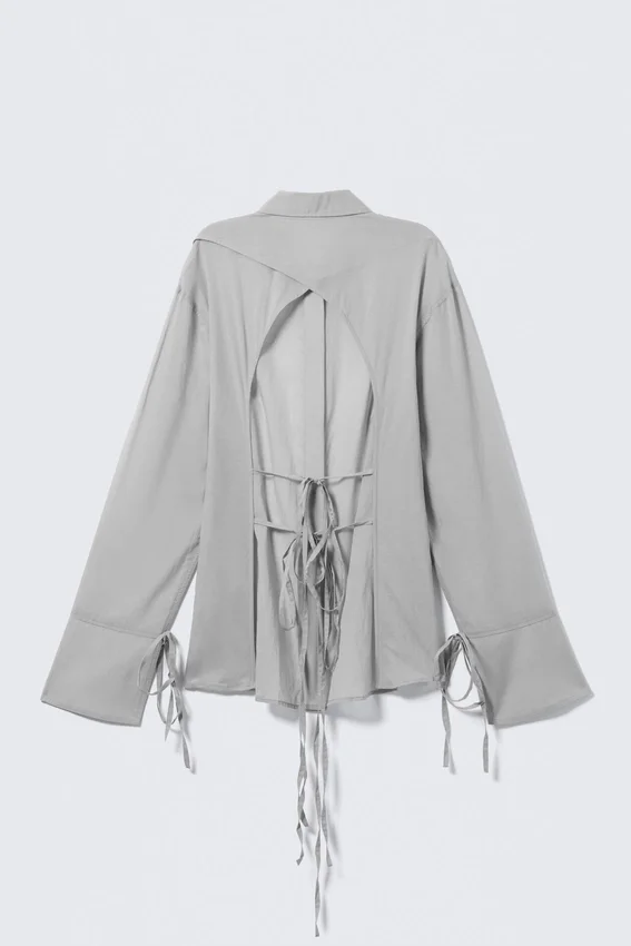 Long-Sleeved Open Back Tie Shirt – Dusty Grey Long-Sleeved Open Back Tie Shirt – Dusty Grey
