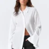 Long-Sleeved Open Back Tie Shirt – White Long-Sleeved Open Back Tie Shirt – White