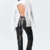 Long-Sleeved Open Back Tie Shirt – White Long-Sleeved Open Back Tie Shirt – White