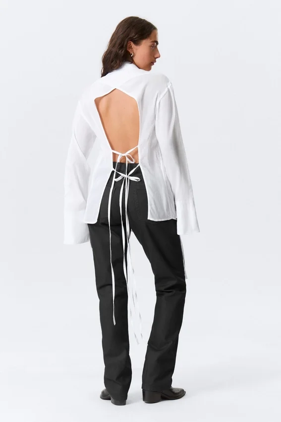 Long-Sleeved Open Back Tie Shirt – White Long-Sleeved Open Back Tie Shirt – White
