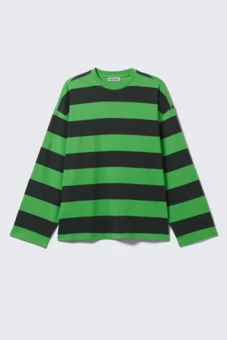 Long-Sleeved Oversized Cotton T-Shirt – Black & Green Stripe
