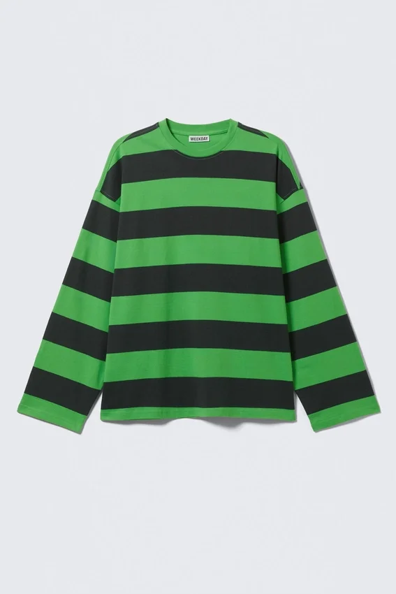 Long-Sleeved Oversized Cotton T-Shirt – Black & Green Stripe Long-Sleeved Oversized Cotton T-Shirt – Black & Green Stripe