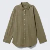 Long-Sleeved Oversized Poplin Shirt – Checked Dark Khaki Green Long-Sleeved Oversized Poplin Shirt – Checked Dark Khaki Green