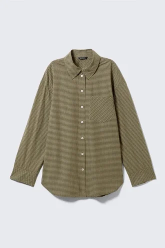 Long-Sleeved Oversized Poplin Shirt – Checked Dark Khaki Green