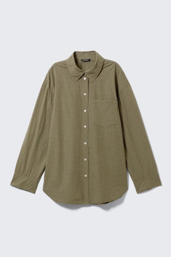 Long-Sleeved Oversized Poplin Shirt – Checked Dark Khaki Green Long-Sleeved Oversized Poplin Shirt – Checked Dark Khaki Green