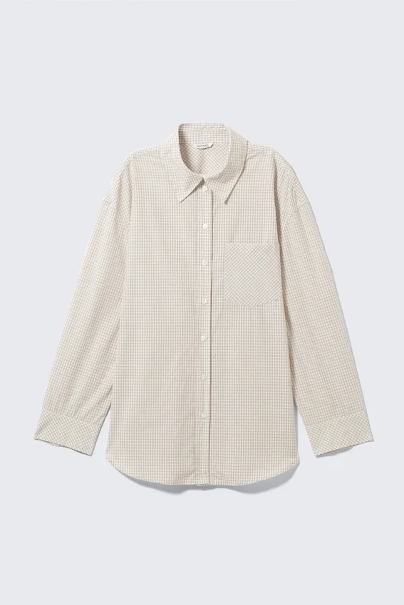 Long-Sleeved Oversized Poplin Shirt – Checked Light Beige Long-Sleeved Oversized Poplin Shirt – Checked Light Beige
