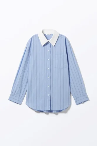 Long-Sleeved Oversized Poplin Shirt – Striped Light Blue