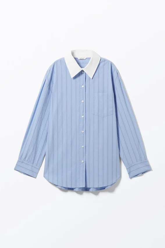 Long-Sleeved Oversized Poplin Shirt – Striped Light Blue Long-Sleeved Oversized Poplin Shirt – Striped Light Blue