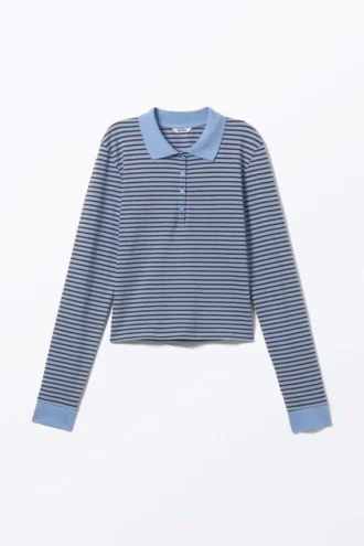 Long-Sleeved Polo Top – Blue & Black Stripes
