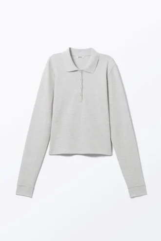 Long-Sleeved Polo Top – Light Grey Melange