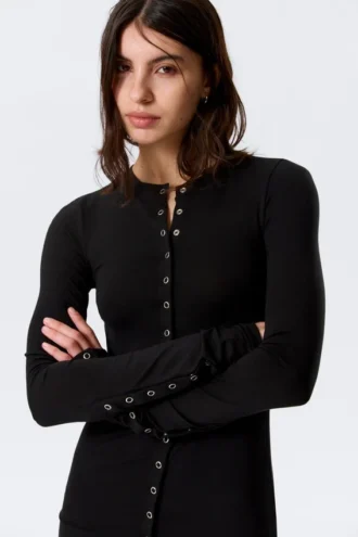 Long-Sleeved Popper Mini Dress – Black