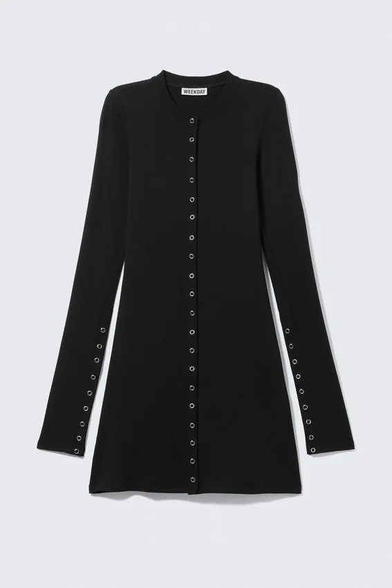 Long-Sleeved Popper Mini Dress – Black Long-Sleeved Popper Mini Dress – Black