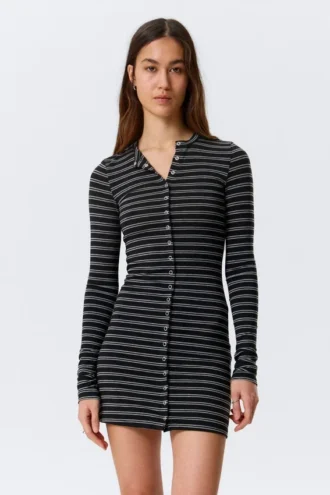 Long-Sleeved Popper Mini Dress – Striped Black