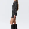 Long-Sleeved Popper Mini Dress – Striped Black Long-Sleeved Popper Mini Dress – Striped Black