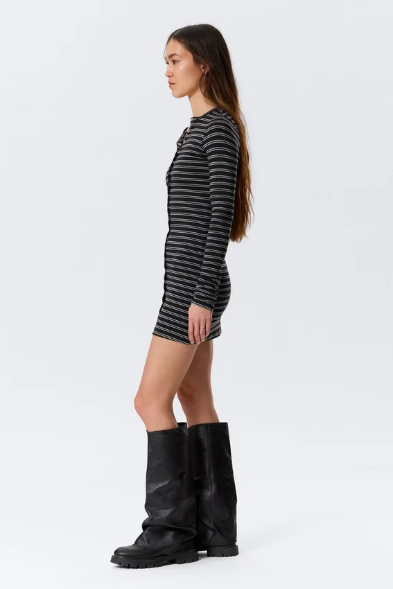 Long-Sleeved Popper Mini Dress – Striped Black Long-Sleeved Popper Mini Dress – Striped Black