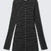 Long-Sleeved Popper Mini Dress – Striped Black Long-Sleeved Popper Mini Dress – Striped Black