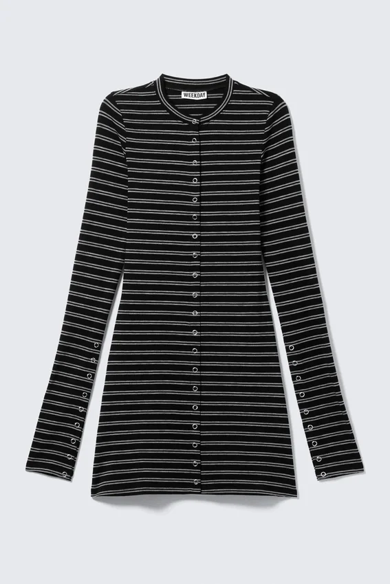 Long-Sleeved Popper Mini Dress – Striped Black Long-Sleeved Popper Mini Dress – Striped Black