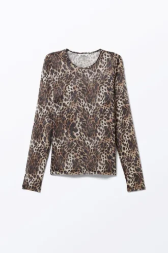Long-Sleeved Printed Mesh Top – Leopard-Print