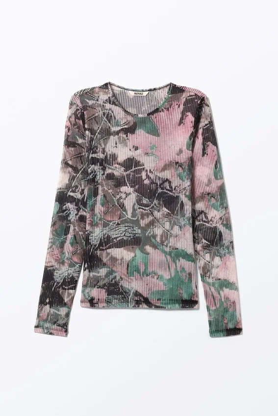 Long-Sleeved Printed Mesh Top – Muted Wild Long-Sleeved Printed Mesh Top – Muted Wild