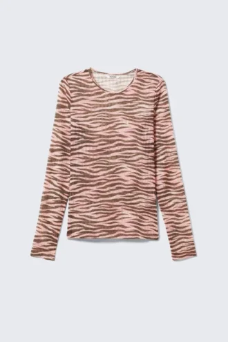 Long-Sleeved Printed Mesh Top – Tiger-Striped Pink
