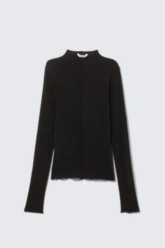 Long-Sleeved Rhinestone Mock-Neck Top – Black – Rhinestones