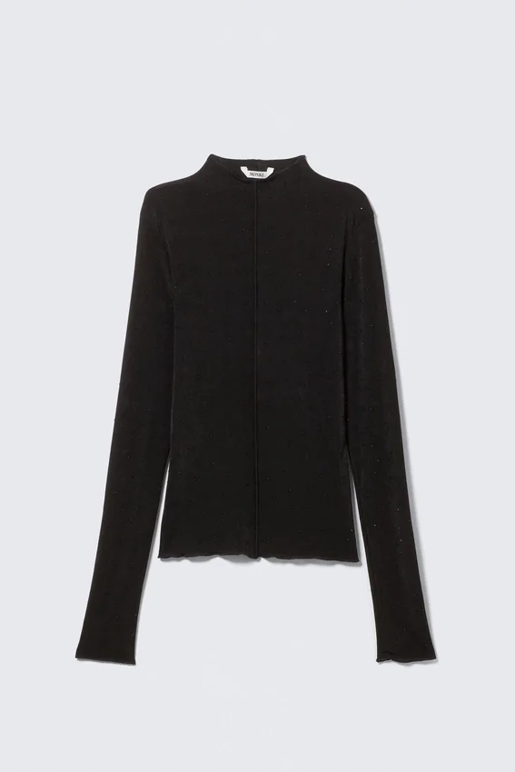 Long-Sleeved Rhinestone Mock-Neck Top – Black – Rhinestones Long-Sleeved Rhinestone Mock-Neck Top – Black – Rhinestones