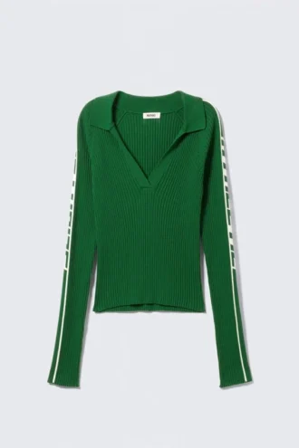 Long-Sleeved Ribbed Knit V-Neck Top – Green