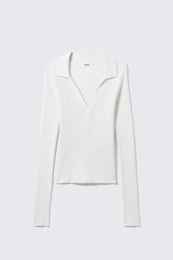 Long-Sleeved Ribbed Knit V-Neck Top – White Long-Sleeved Ribbed Knit V-Neck Top – White