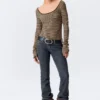 Long-Sleeved Slim Fit Scoop Neck Top – Beige/Black Stripe Long-Sleeved Slim Fit Scoop Neck Top – Beige/Black Stripe