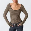 Long-Sleeved Slim Fit Scoop Neck Top – Beige/Black Stripe Long-Sleeved Slim Fit Scoop Neck Top – Beige/Black Stripe