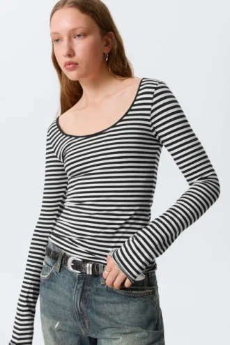 Long-Sleeved Slim Fit Scoop Neck Top – Black & White Stripes