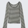 Long-Sleeved Slim Fit Scoop Neck Top – Black & White Stripes Long-Sleeved Slim Fit Scoop Neck Top – Black & White Stripes