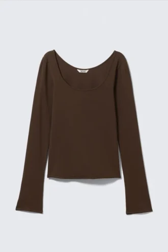 Long-Sleeved Slim Fit Scoop Neck Top – Dark Brown