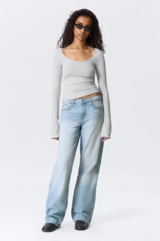 Long-Sleeved Slim Fit Scoop Neck Top – Grey Melange